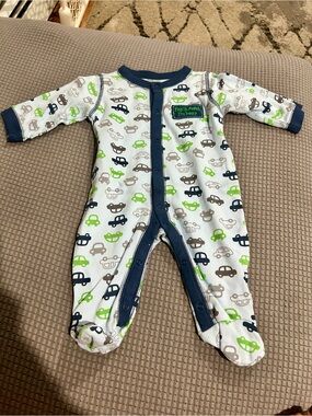 First Moments Baby Footed One-Piece in White with Blue & Green Car Print